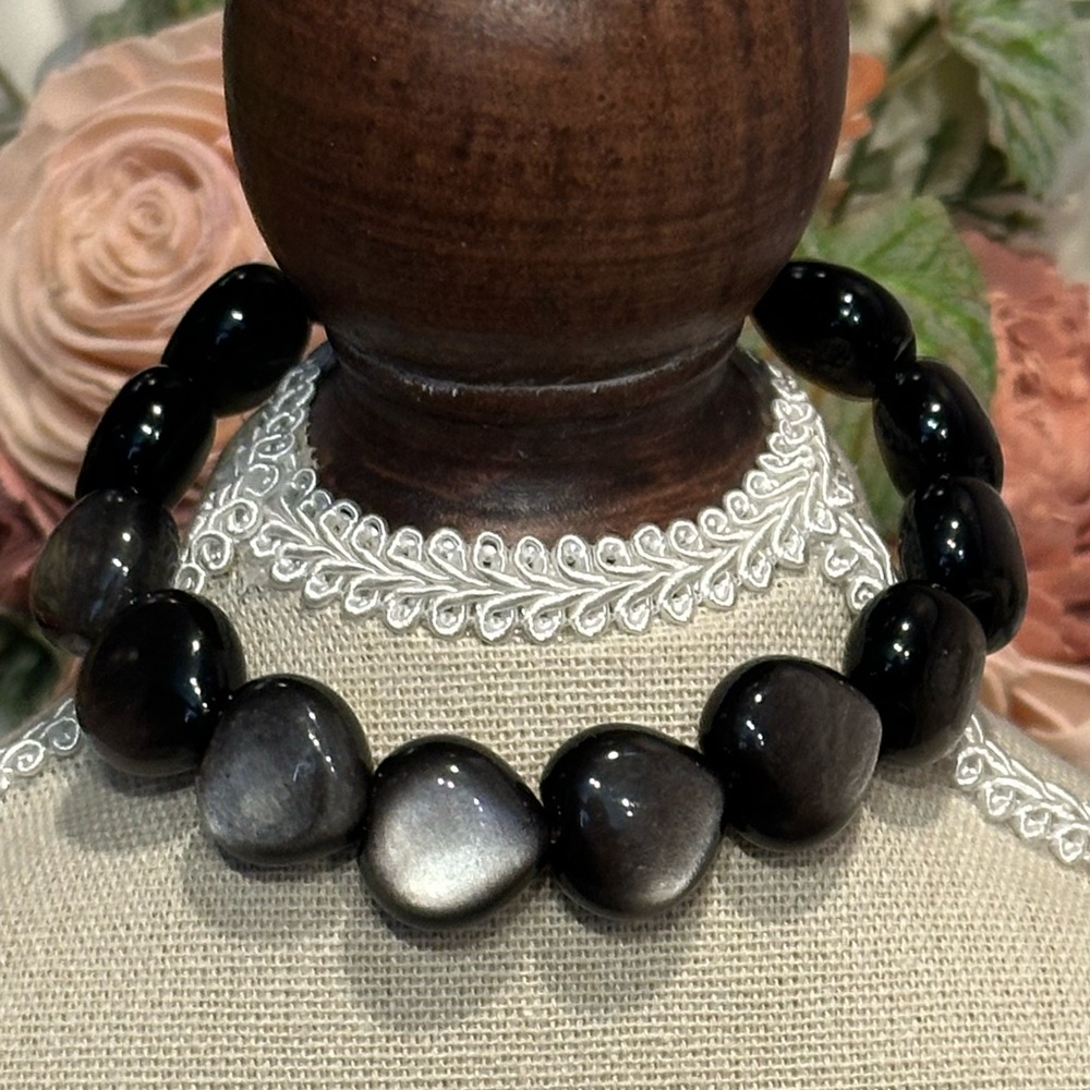 Silver Sheen Obsidian Heart Soft Bangle 14mm Size 6.5 - Picture 3 of 5